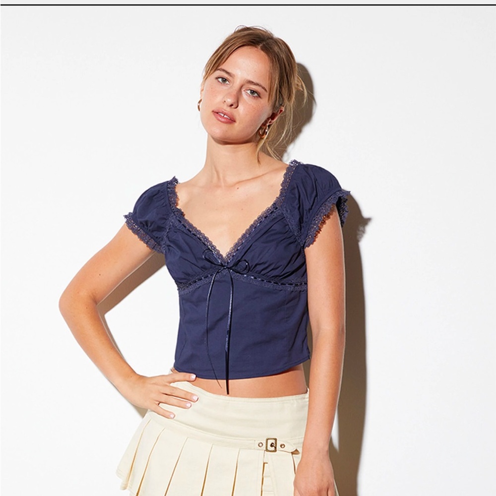 LA Hearts Lace Trim Tie Front Top Navy NWT